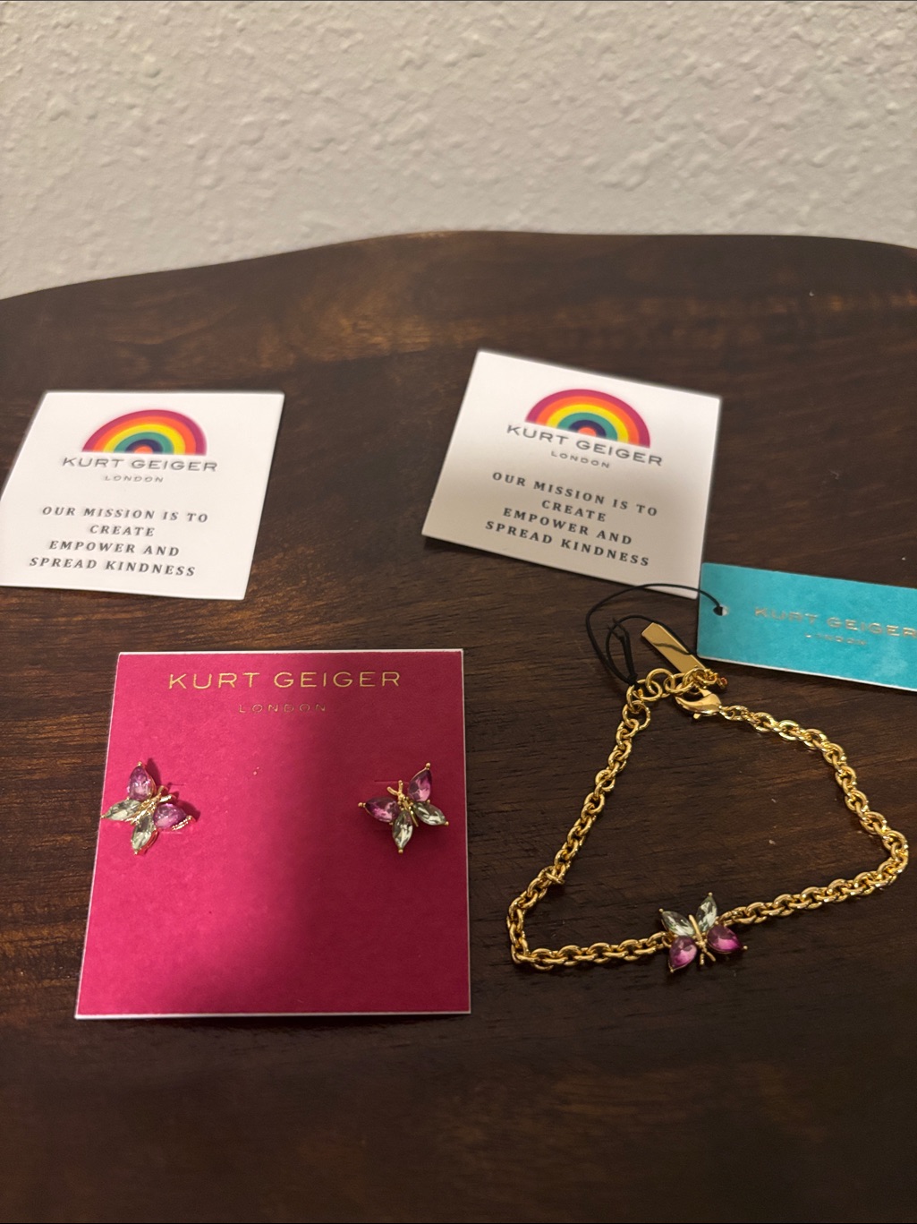 Kurt Geiger Gold-Tone Bracelet And Pink Butterfly Studs